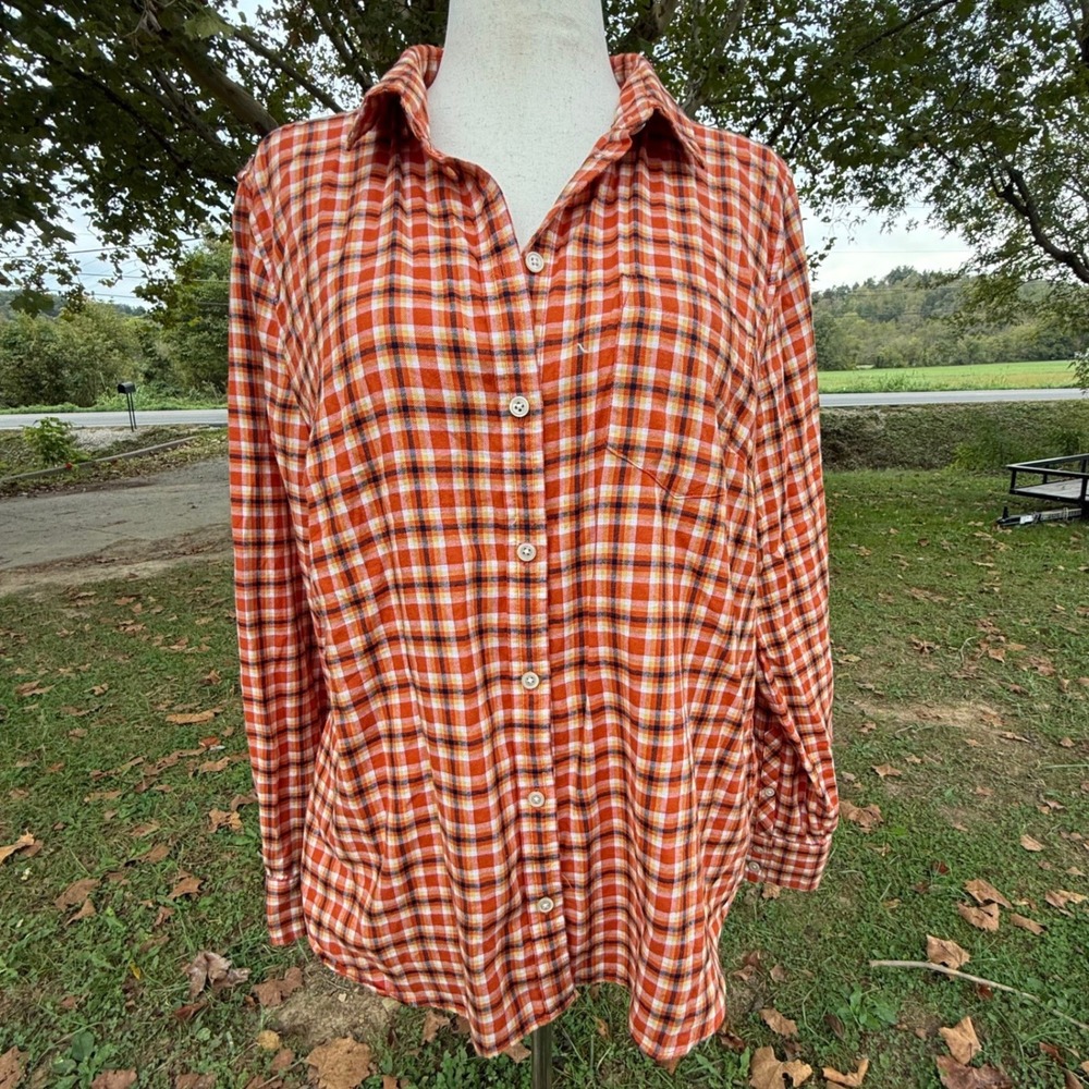 J. Crew Womens XL Orange Plaid Cotton Flannel Button Down Shirt Long Sleeve Fall
